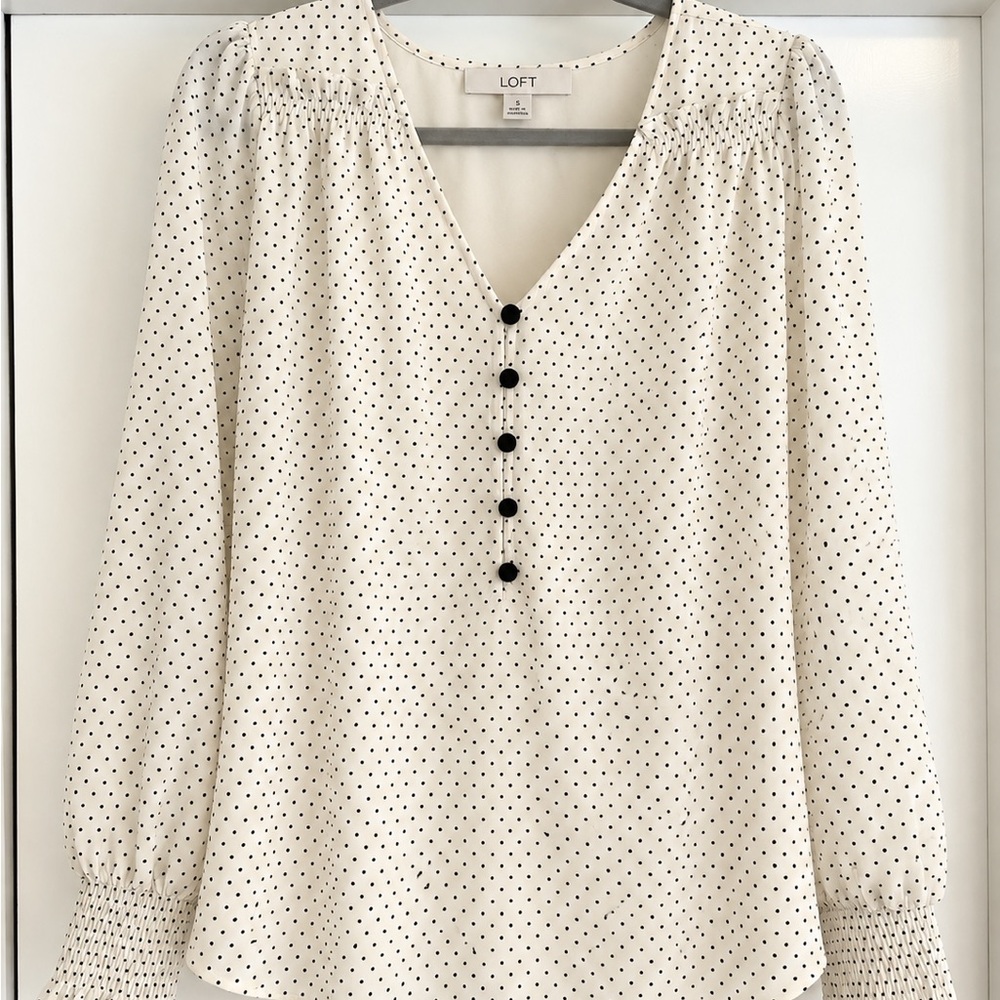 LOFT Women's Cream Polka Dot V-Neck Blouse
